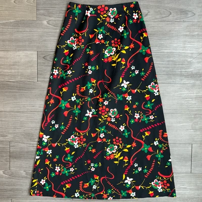 Maxi Falda Negra Estampado Floral Línea A Vacaciones Años 70 De Colección Groovy Sin Marca Talla XS Foto 1 de 4