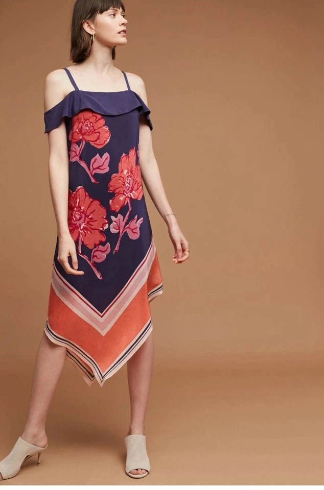 Vestido cachecol Anthropologie Moulinette Soeurs Tilda seda azul marinho M médio assimétrico - Imagem 1 de 4