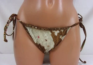 Sauvage Luxe Floral Paisley Bead Embellished String Bikini Bottom S-L Tan 1062L - Picture 1 of 3