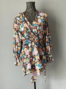River Island Petite Pussy Bow Tea Mini Dress Floral Tie Neck + Side UK Size 14 - Picture 1 of 7