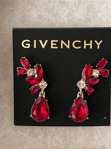 Givenchy Orecchini a Foglia Rosso & Cristallo Trasparente Nuovi con Etichette