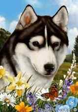 Siberian Husky Black & White Brown Eyes Summer Flowers Flag