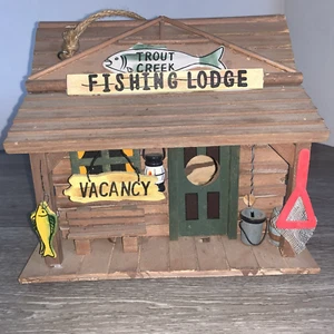 Village Home Décor Fishing Lodge Shop Wood Birdhouse Folk Art Christmas Holiday - Picture 1 of 8