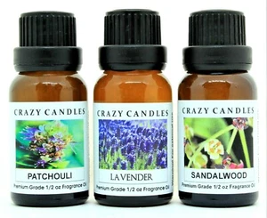 3 Fragrance Oil Set, Patchouli, Lavender, Sandalwood 1/2oz Premium Crazy Candles - Picture 1 of 1