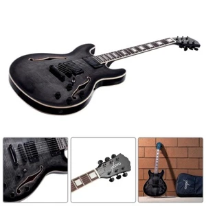 6 String Electric Guitar Semi-Hollow Body Flamed Maple Top w/ Gig Bag Charcoal - Picture 1 of 6