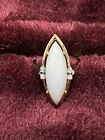 Large 14K Gold Marquise Cabochon Natural White Opal Ring - Size 6