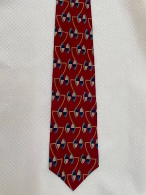 Gravata de seda geométrica Zylos George Machado azul marfim vermelho - Imagem 1 de 3