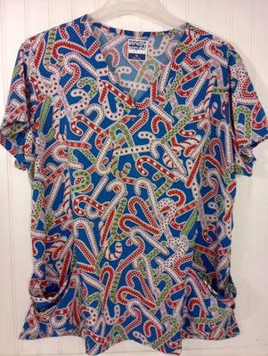 Strictly Scrubs Stretch Top XL Candy Cane Holiday Print - Image 1 of 4