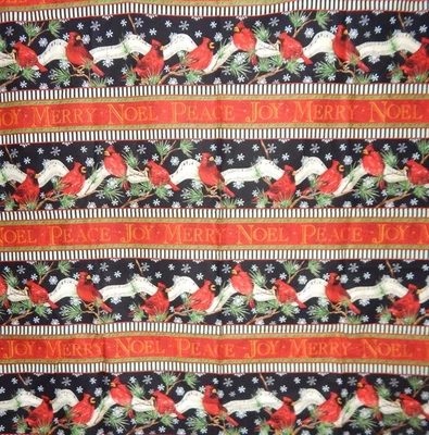 Canción de Invierno Cardenal Pájaro Algodón Edredón Tela Navidad Vacaciones Rayas Paz Foto 1 de 4