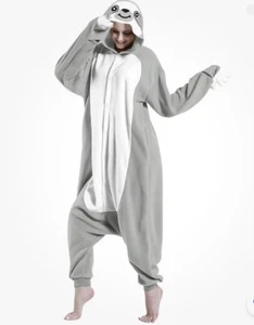 ADULT SLOTH COSTUME Gray ANIMAL PAJAMAS JUMPSUIT FUNSIES Pjs Size Small - Picture 1 of 10