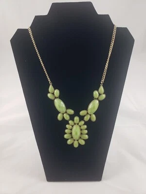 Gold tone 22" Bib Statement Necklace Large Sage Green Faceted Plastic Gems - Image 1 of 4