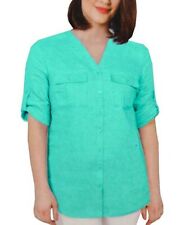 Nicole Miller Womens 100 Linen Button Front Roll Tab Top Bermuda Green Small S