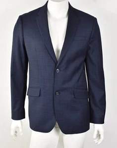 PERRY ELLIS Navy Blue Plaid SLIM FIT STRETCH Two-Button Blazer Jacket 44R - Picture 1 of 6