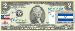 $2 DOLLARS 1995 STAMP CANCEL FLAG OF UN FROM HONDURAS   VALUE $125 - Picture 1 of 2