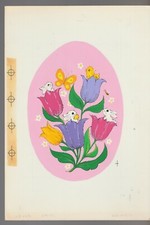 EASTER TINE Bunnies & Chick Inside Flowers 7.5x11" Greeting Card Art #E2806