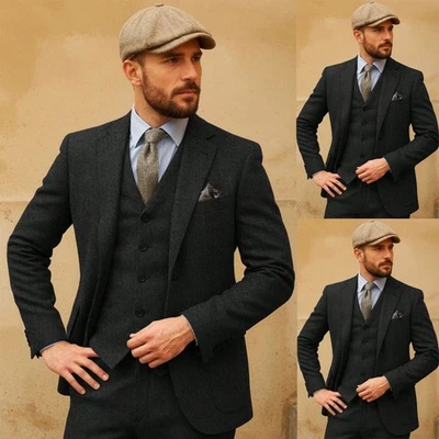 Black Herringbone Men's Suits Tweed Formal Business Wedding Groom Tuxedo 3Pieces - Image 1 of 4