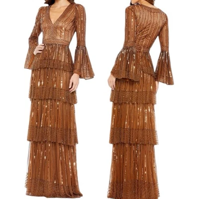 Mac Duggal 铜亮片条纹长袖分层荷叶边礼服 14 码 698 美元 — 第 1/4 张图片
