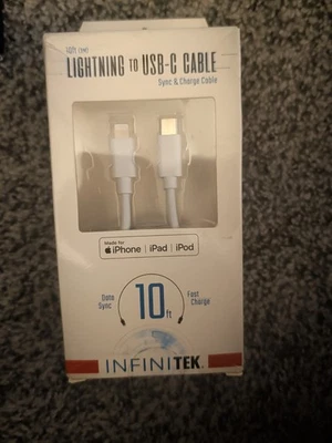 Infinitek 10 ft (3M) Lightning to USB-C Cable, MFi-Certified, White iPhone, iPad - Image 1 of 2