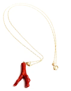 ~16"~ 14K Yellow Gold Necklace with Natural Branch Red Orange Coral Twig Pendant - Picture 1 of 7