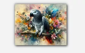 Loro gris africano salvaje (Psittacus erithacus) arte salpicaduras de pintura #1 reimpresión - Imagen 1 de 3