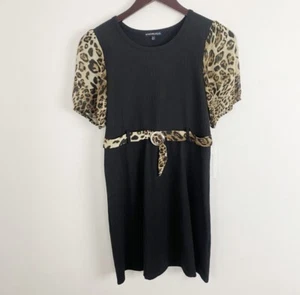 New My Michelle Girls Black Ribbed Leopard Print Short Puff Sleeve Dress Sz 14 - Picture 1 of 8