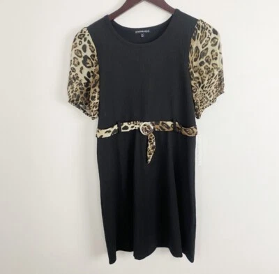 Nuevo Vestido My Michelle Niñas Negro Acanalado Estampado Leopardo Manga Corta Abullonada Talla 14 Foto 1 de 4