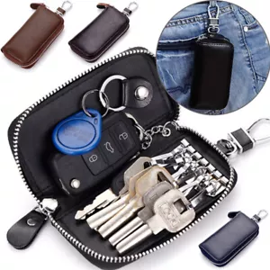 Funda de cuero genuino para llavero de coche con soporte para llavero inteligente protector con cremallera - Imagen 1 de 22