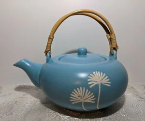 Sky Blue Ceramic Teapot Incised Flower Vietnam Asian Style Pottery Bamboo Handle - Picture 1 of 10