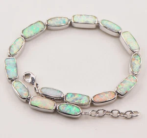 Slightly Imperfect ( In Pics ) White Fire Lab Opal Silver Tennis Style Bracelet - Picture 1 of 17