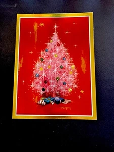 1 Tarjeta de Felicitación de Navidad MCM De Colección Sin Usar Impresionante Árbol Rosa Sobre Rojo Con Muchos Regalos - Imagen 1 de 3