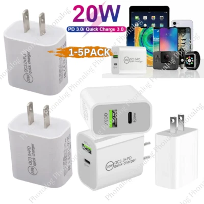 PD 20W USB-C Power Adapter Fast Wall Charger For iPhone 11 12 13 14 XR Samsung  - Image 1 of 4