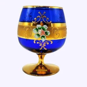 Murano Italien Kobaltblau Kelch Kunstglas Gold mit emaillierten Blumen Kompott Vintage - Bild 1 von 8