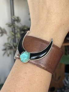 BARSE HORN Native American Blue Turquoise Onyx Leather WIDE CUFF BRACELET - Picture 1 of 13