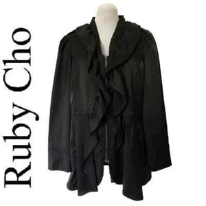 Ruby Cho Ruffle Jacket Black Front Zip Long Sleeve Size L - Picture 1 of 14