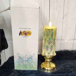 Cracker Barrel Gold and Blue Candle peacock feather glitter globe - Picture 1 of 4