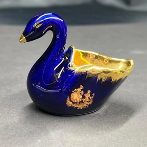 Cisne baratija vintage Limoges Francia azul cobalto y dorado con pareja de cortejos 2,75" - Imagen 1 de 9