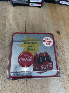 4 pc Coca-Cola Coaster Set With Wire Holder Cork Back 4" sq New & Sealed - Picture 1 of 2