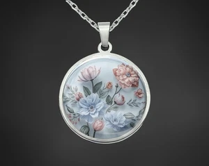 Halskette Kette Damen Mit Rundem Glas Anhänger Silber Edelstahl Blumen Hellblau - Bild 1 von 5
