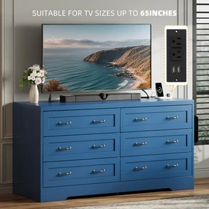 60 Inch Large 6 Drawers Storage Dresser TV Stand for 65in TVs Chest of Drawers - Picture 1 of 10