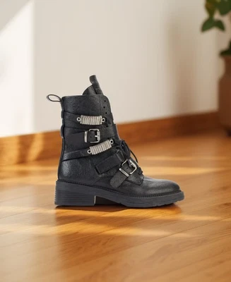 DKNY Womens Ita Leather Almond Toe Strappy Ankle Combat Boots Black Size 8M NIB - Image 1 of 3