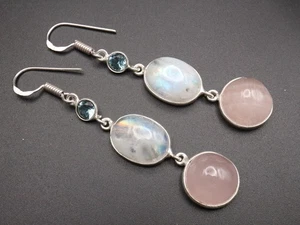 GOLDJUNGE69 GW REGENB.  MONDSTEIN  & ROSENQUARZ OHRHÄNGER OHRRINGE + TRAUMHAFT - Bild 1 von 2