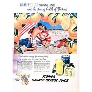 Florida Canned Orange Juice 1949 Print Ad Brimful of Sunshine 10"X14" - Picture 1 of 3