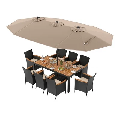 11 PCS Patio Wicker Dining Set w/Double-Sided Outdoor Umbrella 8 Stackable - Imagem 1 de 4