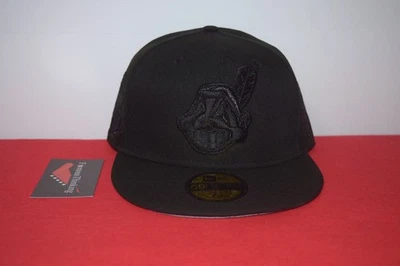 MLB New Era Cleveland Indians Wahoo Blacked Out Patch Fitted Hat RARE STYLE - Image 1 of 4