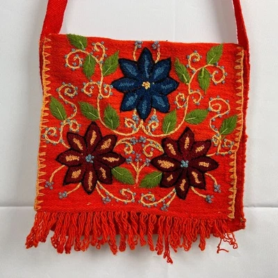 Vintage Wool Crossbody Bag Foldover Orange Floral Embroidered Fringe Peruvian? - Image 1 of 4