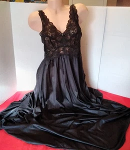 Vintage Shadowline Large Black Full Sweep Lace Bodice Long Lingerie Nightgown - Picture 1 of 12