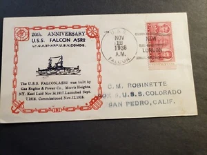 USS FALCON ASR-2 Naval Cover 1938 Anniversary Cachet to USS COLORADO - Picture 1 of 2