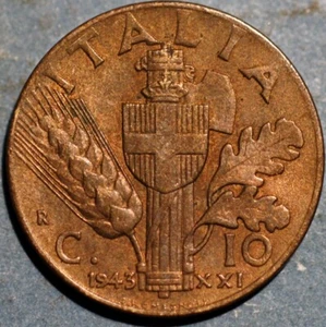 Italy 10 Centesimi 1943 R Yr. XXI Vittorio Emanuele III KM# 74a - Picture 1 of 2