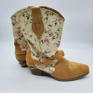 Santa Fe Boot Co Women Sz 9M Tan Cream Floral Suede Leather Western Boots Boho - Picture 1 of 7