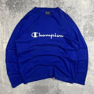 Vintage 00s Champion Longsleeve T-Shirt XL Mens Y2K Cotton Crew Neck Blue White - Picture 1 of 8